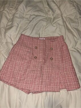 Pink Lily Pink Tweed Mini Skort with Gold Buttons